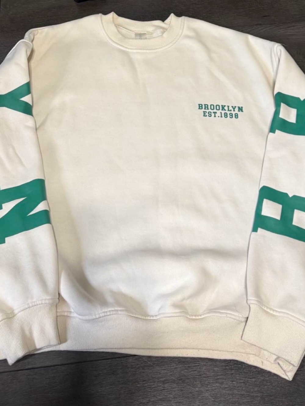 Altar'd State White Crewneck Sweatshirt with Teal Sleeve Graphics